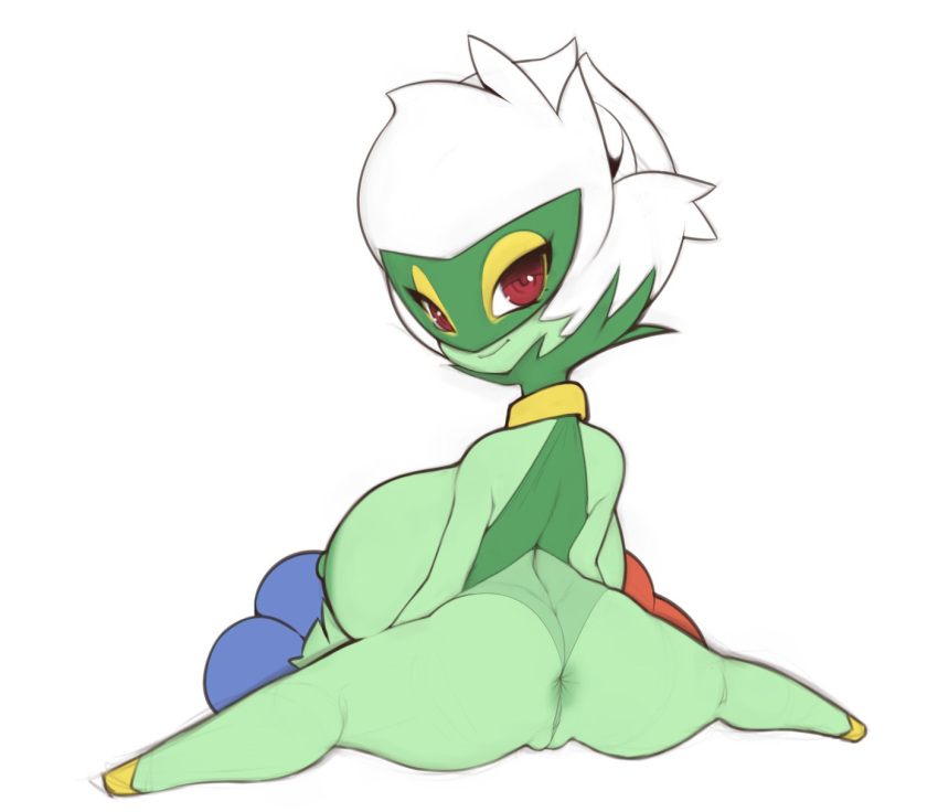 anus areola big_breasts breasts butt clothing female flexible flower_(anatomy) g-string generation_4_pokemon genitals green_areola green_body green_nipples hair hi_res huge_breasts humanoid looking_at_viewer looking_back mostly_nude nintendo nipples plantpenetrator pokemon pokemon_(species) pussy red_eyes roserade side_boob smile solo splits spread_legs spreading thick_thighs underwear video_games white_hair