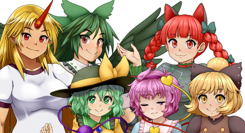 6+girls :3 animal_ears blouse bow braid cat_ears cat_tail d.koutya extra_ears eyeball green_bow green_eyes green_hair hair_bow hair_ornament hairband hat hat_ribbon heart heart-shaped_pupils heart_hair_ornament heart_of_string horns hoshiguma_yuugi kaenbyou_rin komeiji_koishi komeiji_satori kurodani_yamame long_hair multiple_girls multiple_tails pink_eyes pink_hair pointy_ears red_eyes red_hair reiuji_utsuho ribbon shirt short_hair siblings single_horn sisters string subterranean_animism symbol-shaped_pupils tail third_eye touhou twin_braids yellow_shirt