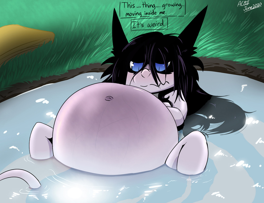 bath belly big_belly black_hair blue_eyes female grumpy hair hole_(pit) humanoid hyper hyper_belly imp inner_thoughts pregnant pregnant_female pupils riis slit_pupils solo water white_body