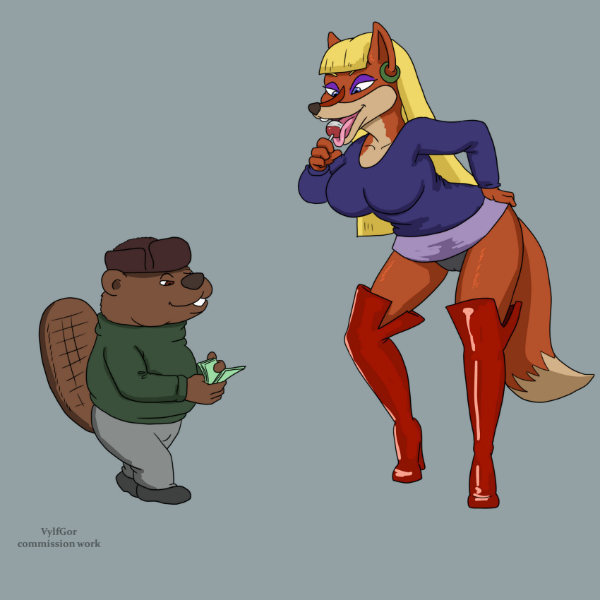 2022 4_fingers anthro beaver blonde_hair blue_eyes boots bottomwear breasts brown_body brown_fur camel_toe canid canine clothing counting_money digital_media_(artwork) duo ear_piercing ear_ring eyebrows eyelashes eyeshadow female fingers food footwear fox fur green_clothing grey_background hair half-closed_eyes hi_res legwear licking licking_object licking_popsicle looking_down makeup mammal markings miniskirt money multicolored_body multicolored_fur multicolored_tail narrowed_eyes orange_body orange_fur panties piercing plant popsicle pose purple_clothing red_boots red_clothing red_footwear red_fox ring_piercing rodent russian simple_background skirt smile snow soviet_cartoon soyuzmultfilm speculator_the_vixen standing tail_markings tan_body tan_fur the_pill thigh_boots thigh_highs tongue tongue_out topwear tree two_tone_body two_tone_fur underwear vylfgor white_body white_fur