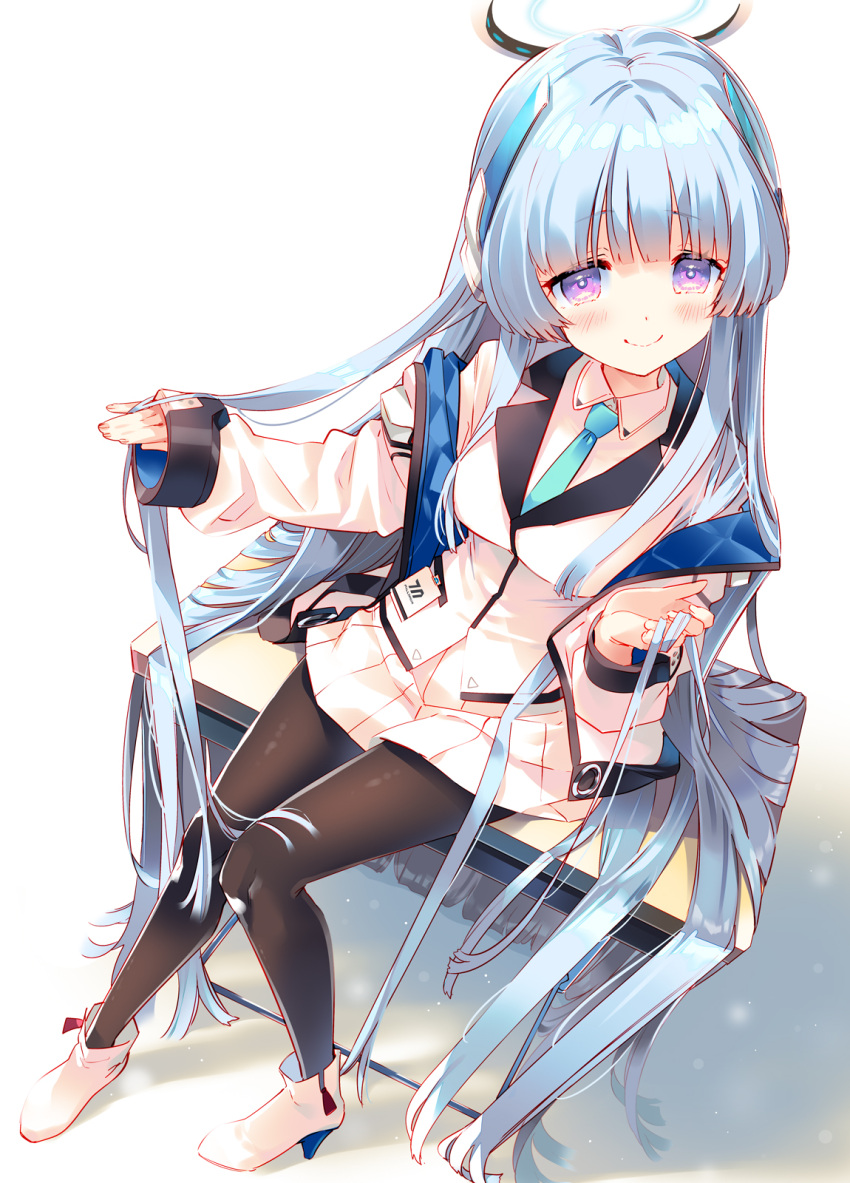 1girl arikawa_satoru black_pantyhose blue_archive blue_necktie boots breasts collared_shirt desk formal grey_hair hair_between_eyes halo hand_in_own_hair headphones highres jacket large_breasts long_hair long_sleeves looking_at_viewer mechanical_halo necktie noa_(blue_archive) on_desk open_clothes open_jacket pantyhose pleated_skirt purple_eyes school_desk shirt simple_background sitting sitting_on_desk skirt smile solo suit very_long_hair white_background white_jacket white_skirt white_suit