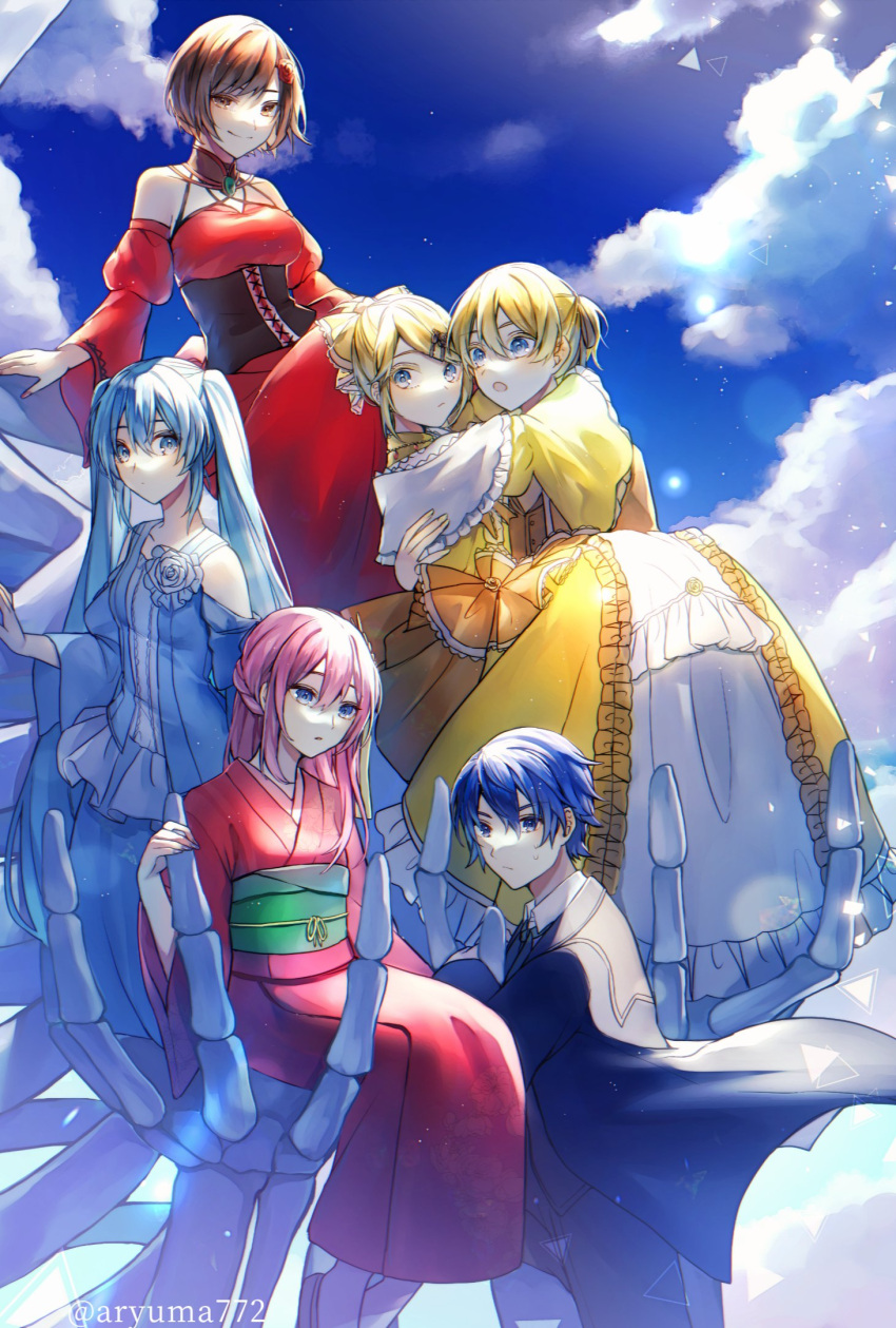 2boys 4girls :/ :o aku_no_meshitsukai_(vocaloid) aku_no_musume_(vocaloid) akujiki_musume_conchita_(vocaloid) akutoku_no_judgement_(vocaloid) allen_avadonia aqua_dress aqua_eyes aqua_hair arms_around_neck aryuma772 banica_conchita bare_shoulders black_choker black_robe blonde_hair bloom blue_eyes blue_hair blue_nails blue_ribbon blue_sky bow breasts brooch brother_and_sister brown_hair carrying choker clothing_cutout cloud collarbone colored_eyelashes corset detached_sleeves dress dress_bow dress_flower earrings enbizaka_no_shitateya_(vocaloid) evillious_nendaiki flat_chest flower frilled_choker frilled_dress frilled_sleeves frills gallerian_marlon gashadokuro giant_skeleton green_sash grey_pants hair_bow hair_flower hair_ornament hair_ribbon hairclip half-closed_eyes hand_on_another's_back hatsune_miku highres hug japanese_clothes jewelry judge kagamine_len kagamine_rin kaito_(vocaloid) kanzashi kimono large_breasts light_particles long_hair long_sleeves looking_at_viewer looking_to_the_side margarita_blankenheim medium_breasts megurine_luka meiko multiple_boys multiple_girls neck_ribbon nemurase_hime_kara_no_okurimono_(vocaloid) nervous obi orange_bow orange_ribbon pale_skin pants petticoat pink_hair princess princess_carry project_sekai red_dress red_flower red_kimono red_nails red_rose ribbon riliane_lucifen_d'autriche robe rose sash short_hair short_ponytail shoulder_cutout siblings sitting sky smile strapless strapless_dress sudou_kayo surprised sweatdrop twins twintails twitter_username updo very_long_hair vocaloid white_flower white_rose wide_sleeves yellow_bow yellow_choker yellow_dress yellow_flower yellow_rose