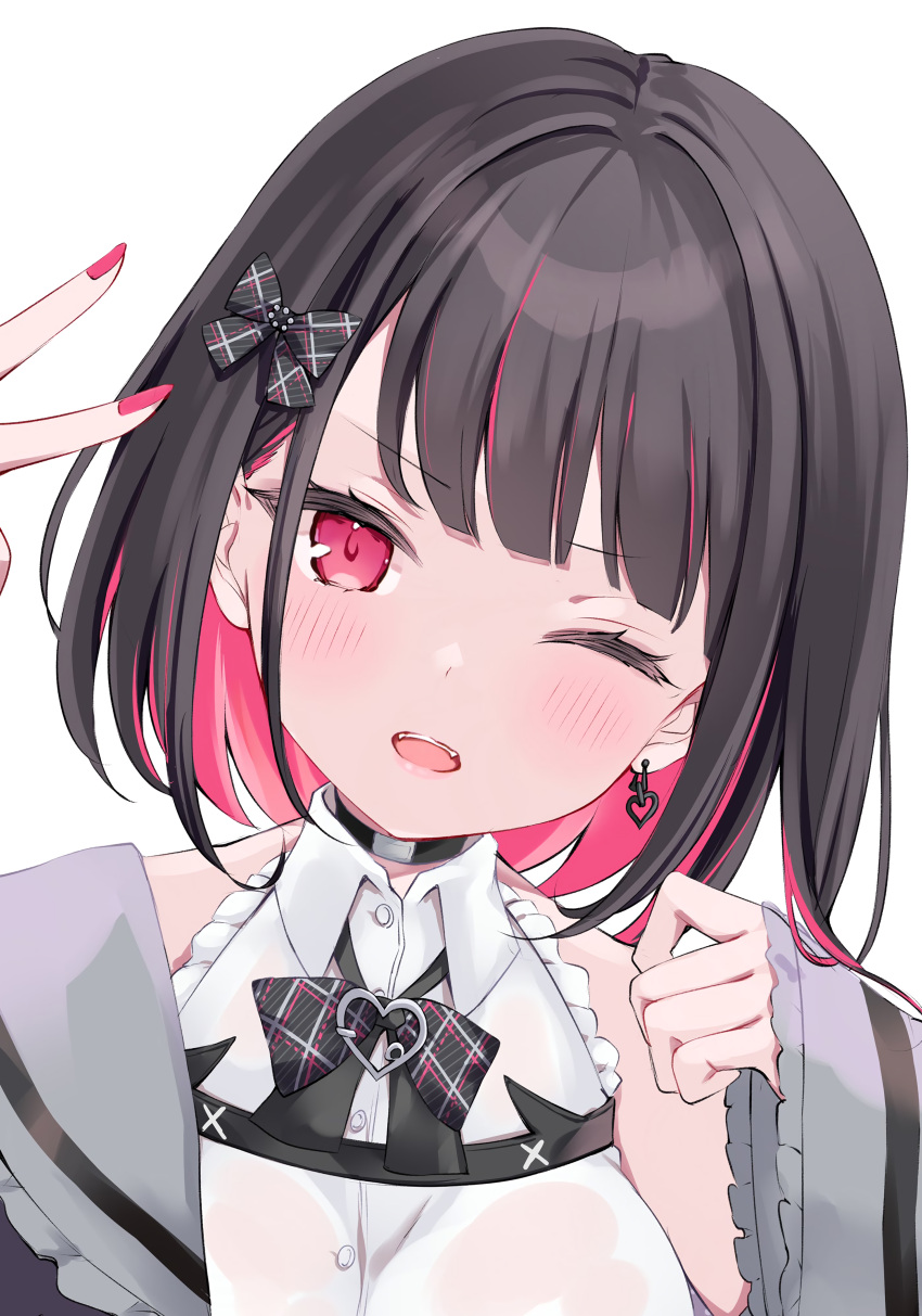 1girl absurdres bangs black_hair blush buttons choker detached_sleeves earrings fingernails frills hand_up head_tilt highres indie_virtual_youtuber jewelry lips long_sleeves looking_at_viewer multicolored_hair nail_polish one_eye_closed open_mouth pink_eyes pink_hair rikotan rikotan_(vtuber) scan shiny shiny_hair short_hair simple_background sleeves_past_wrists solo teeth two-tone_hair upper_body upper_teeth virtual_youtuber white_background