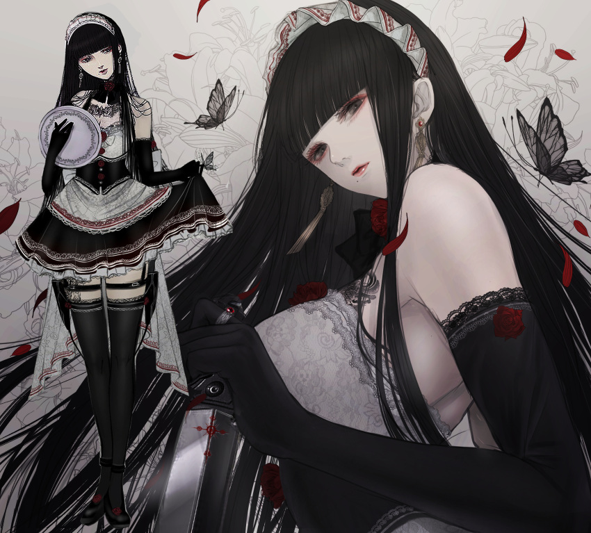 1girl bangs black_gloves black_hair black_thighhighs blunt_bangs breasts bug butterfly chest_tattoo dagger elbow_gloves eyelashes floral_print frilled_gloves frills gloves highres hime_cut holding holding_dagger holding_weapon knife lace_trim leg_holster leg_tattoo long_hair looking_at_viewer maid maid_headdress original red_lips satsuki_kei sidelocks skirt tattoo thigh_strap thighhighs weapon