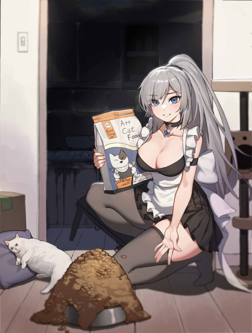 1girl absurdres apron back_bow black_choker black_skirt black_thighhighs blue_eyes borrowed_character bow bowl box breasts cardboard_box cat choker cleavage collarbone commentary crying_cat_(meme) english_commentary failure full_body grey_hair grey_thighhighs hellk111 highres holding indoors large_bow large_breasts light_switch looking_at_viewer maid_(gogalking) meme miniskirt no_shoes one_knee open_mouth original pet_bowl pet_food pillow pleated_skirt ponytail skirt smile solo teeth thighhighs too_much_food white_apron white_bow white_cat wooden_floor