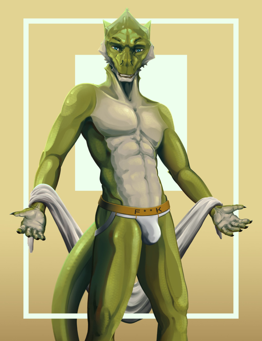 2020 5_fingers abs absurd_res anthro athletic athletic_anthro athletic_male bulge butt cierras claws clothed clothing fingers frill_(anatomy) grin hi_res jockstrap lizard looking_at_viewer male navel pecs portrait pose presenting reptile scalie simple_background smile smiling_at_viewer solo standing text three-quarter_portrait towel underwear underwear_only