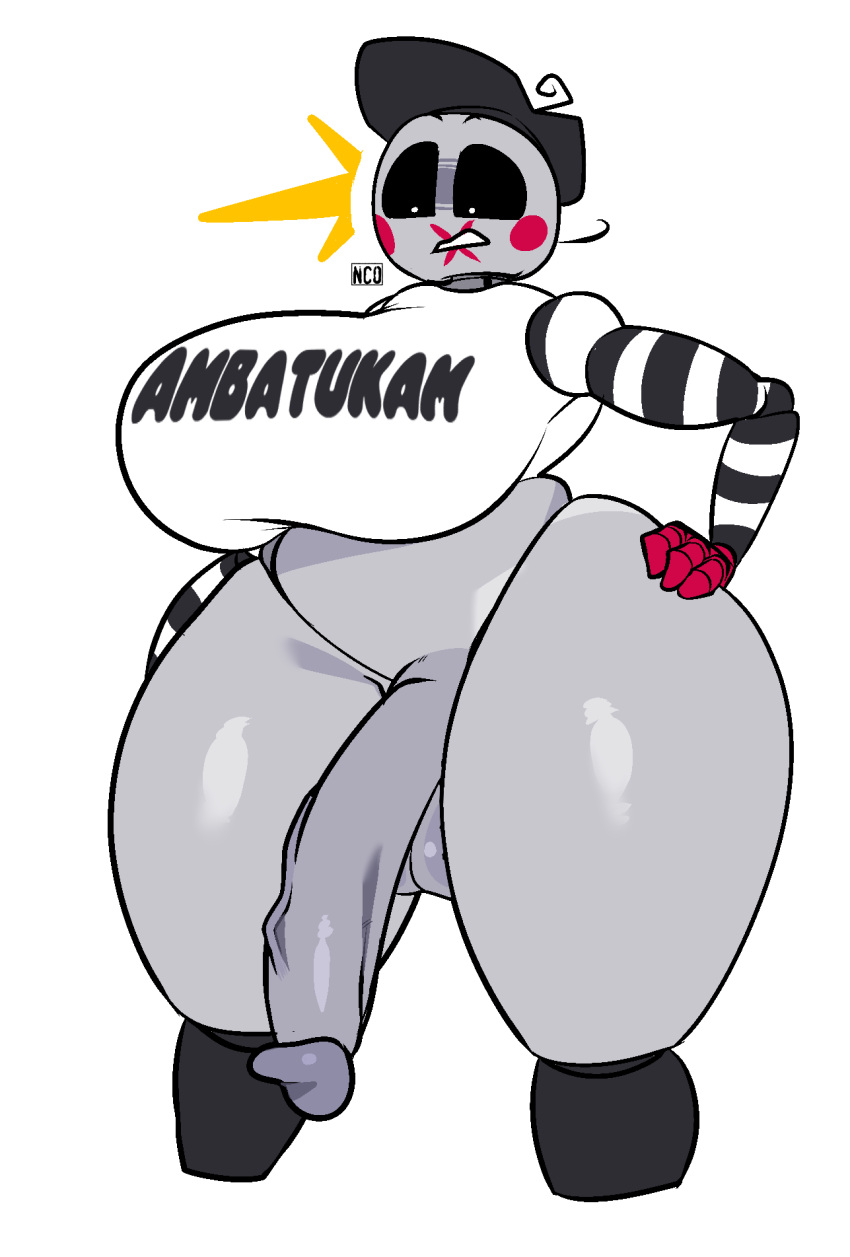 animatronic anthro avian balls beret big_balls big_breasts big_penis bird black_sclera blush blush_stickers bodypaint bottomless breasts chicken clothed clothing cosplay crossgender face_paint five_nights_at_freddy's five_nights_at_freddy's_2 flaccid ftg_crossgender fti_crossgender galliform gallus_(genus) genitals gynomorph hand_on_hip hat headgear headwear hi_res huge_breasts huge_penis huge_thighs intersex machine non-mammal_breasts penis phasianid robot scottgames shirt solo text text_on_clothing text_on_shirt text_on_topwear thick_thighs topwear toy_chica_(fnaf) video_games white_body white_eyes wide_hips yeehawt0wn