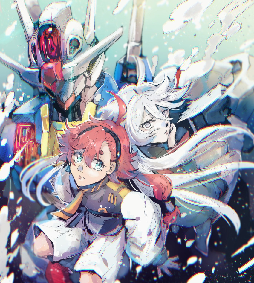 2girls ahoge bangs black_hairband blue_eyes commentary grey_eyes gundam gundam_aerial gundam_suisei_no_majo hairband highres kare_(0621utak) long_hair low-tied_long_hair low_ponytail mecha miorine_rembran multiple_girls red_hair robot school_uniform shorts suletta_mercury v-fin white_hair