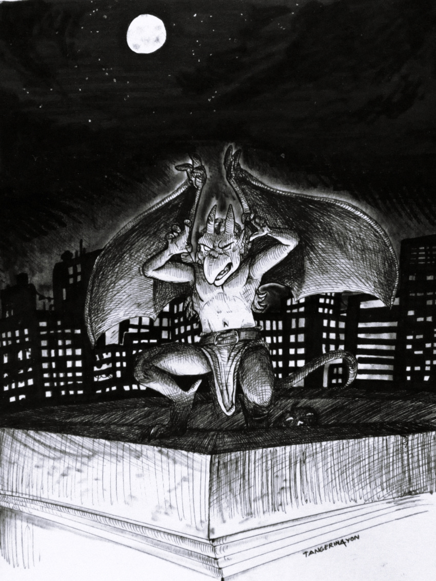 2022 anthro athletic bat_wings belt bottomwear brooklyn_(gargoyles) building clothed clothing detailed_background disney gargoyle gargoyles hi_res horn humanoid inktober male membrane_(anatomy) membranous_wings monochrome moon night no_pupils open_wings raised_arm raised_hand raised_leg rooftop signature solo tangerin4yon topless traditional_media_(artwork) wings