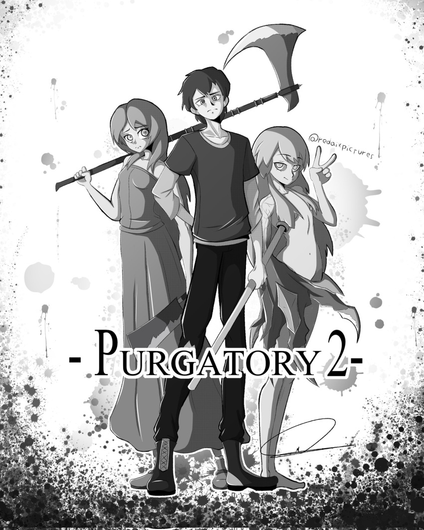 1boy 2girls axe bare_shoulders barefoot black_footwear black_hair black_pants black_shirt blood blood_splatter breasts cleaver collarbone convenient_censoring copyright_name dress ebel_alfie enri_louvre feet furrowed_brow greyscale highres holding holding_axe industrial_pipe layered_clothes lead_pipe long_hair medium_breasts monochrome monster_girl multiple_girls naraku naraku_2 navel neun_02 nude pants raised_eyebrow redaix shirt short_hair smile title undershirt v veins very_long_hair watermark