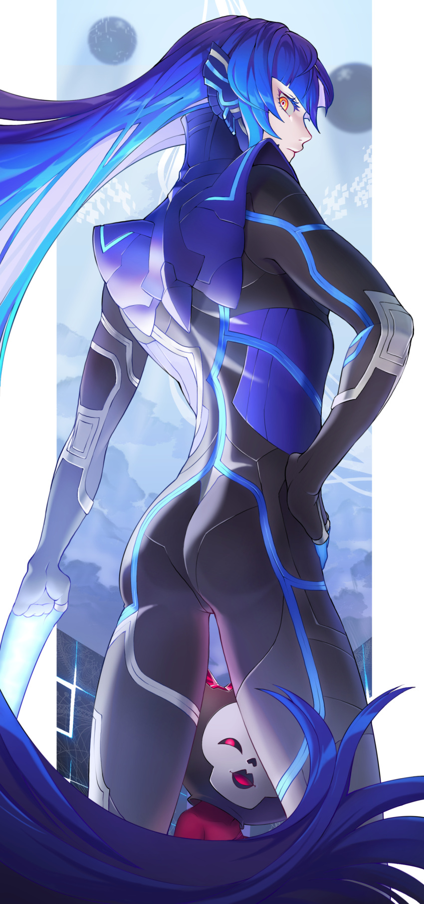 1boy absurdres androgynous ass black_bodysuit blue_background blue_bodysuit blue_hair bodysuit commentary_request eyelashes feet_out_of_frame from_behind ggggogiiii hand_on_hip highres korean_commentary long_hair looking_back male_focus orange_eyes protagonist_(smtv) shin_megami_tensei shin_megami_tensei_v shiny shiny_clothes shiny_hair solo standing thighs very_long_hair