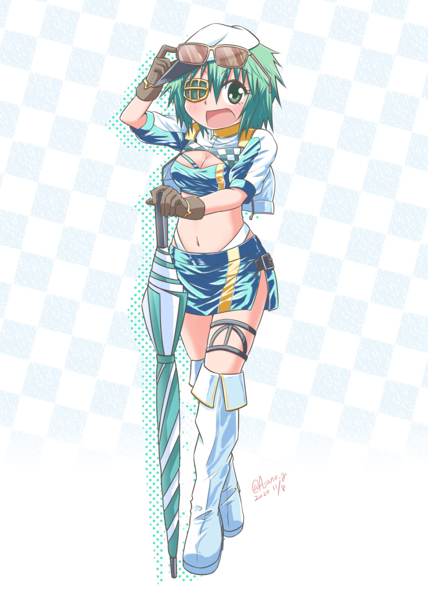 1girl asano_kazunari bandeau blue_bandeau blue_skirt boots brown_gloves checkered_background checkered_clothes closed_umbrella commentary_request cosplay crop_top cropped_jacket eyepatch full_body gloves gotland_(kancolle) gotland_(kancolle)_(cosplay) green_eyes green_hair headphones headset highleg highleg_panties highres jacket kantai_collection kiso_(kancolle) looking_at_viewer microphone miniskirt panties planted planted_umbrella race_queen short_hair skirt smile solo thigh_boots umbrella underwear white_jacket white_panties