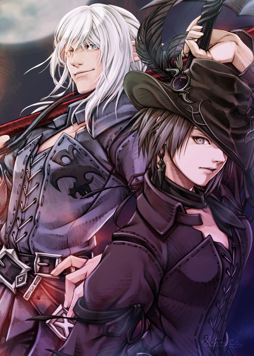 1boy 1girl absurdres arm_up bangs belt blue_eyes estinien_varlineau final_fantasy final_fantasy_xiv grey_eyes grey_hair hat_over_one_eye highres holding holding_weapon hyur long_hair looking_at_viewer mihira_(tainosugatayaki) short_hair weapon white_hair zero_(ff14)