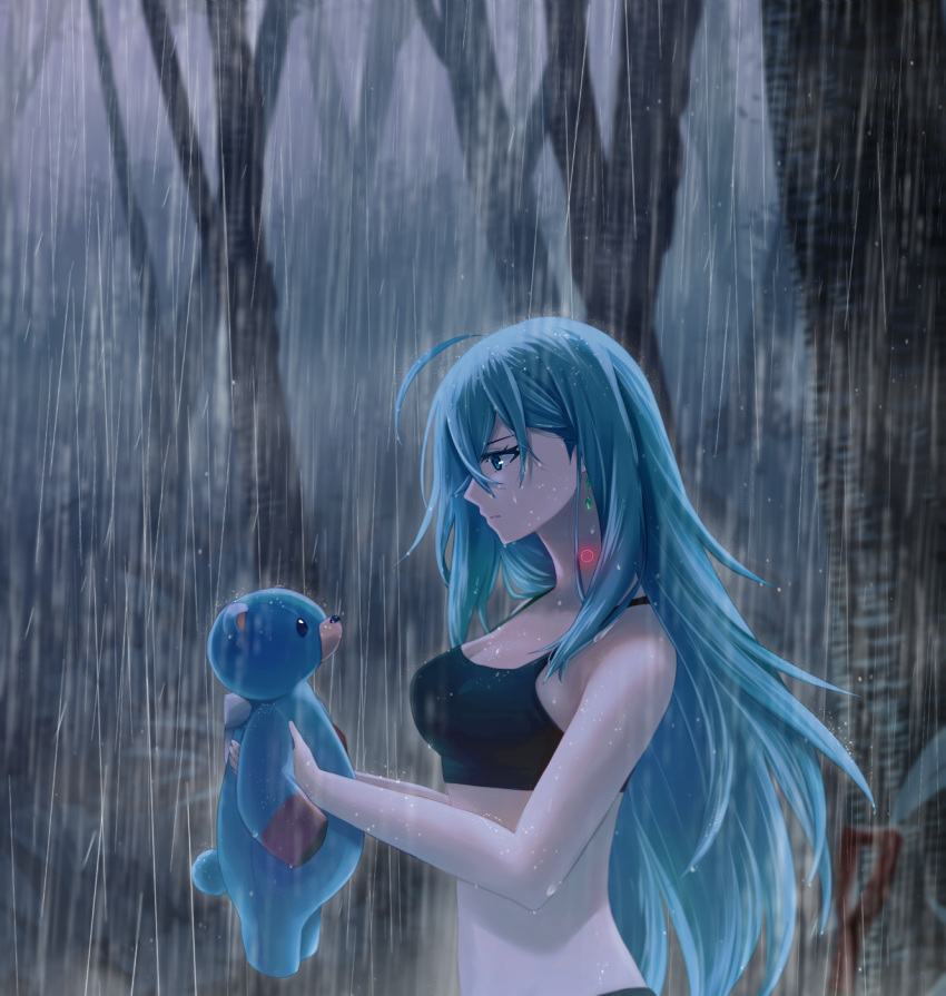 1girl abc03219 ahoge bangs bare_arms black_sports_bra blue_eyes blue_hair breasts cleavage closed_mouth commission from_side hair_between_eyes highres long_hair matsumoto_(vivy) medium_breasts midriff outdoors pixiv_request rain sports_bra stomach straight_hair very_long_hair vivy vivy:_fluorite_eye's_song wet wet_hair