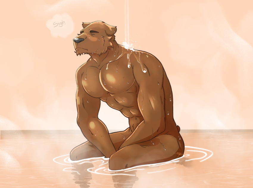 abs adam's_apple anthro bath bathing biceps bodily_fluids brown_body brown_fur calm casual_nudity eyes_closed forearms fur hi_res male mammal muscular muscular_anthro muscular_male musicsliders navel nude pecs relaxation relaxing simple_background solo steam sweat triceps ursid ursine water