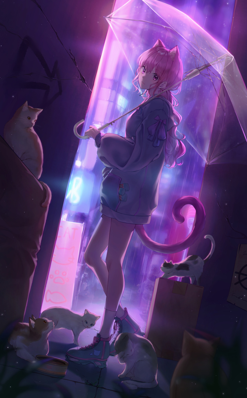 1girl absurdres animal_ears blonde_hair cat cat_ears commentary_request graffiti hat highres holding looking_at_viewer original outdoors ponytail purple_eyes red_eyes smile soo_ou tail umbrella