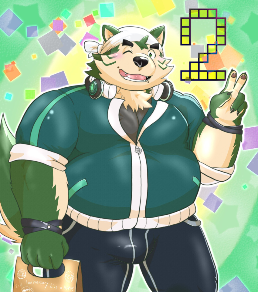 anthro blush bracelet bulge canid canine canis domestic_dog eyebrows fur gesture green_body green_fur headphones headphones_around_neck hi_res jewelry lifewonders live-a-hero looking_at_viewer male mammal mokdai one_eye_closed overweight pawpads solo thick_eyebrows v_sign video_games wink yom_mido_plus