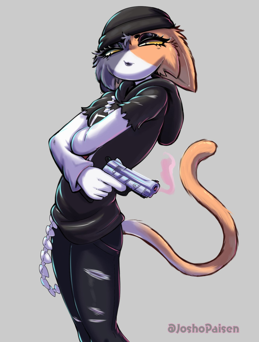 2022 anthro artist_name black_beanie black_clothing black_hoodie black_topwear bottomwear calico_cat clothing domestic_cat epic_games felid feline felis female fortnite gun hi_res hoodie joshopaisen lidded_eyes mammal meow_skulls_(fortnite) mottled pants piebald portrait ranged_weapon shaded simple_background soft_shading solo three-quarter_portrait topwear torn_clothing video_games weapon