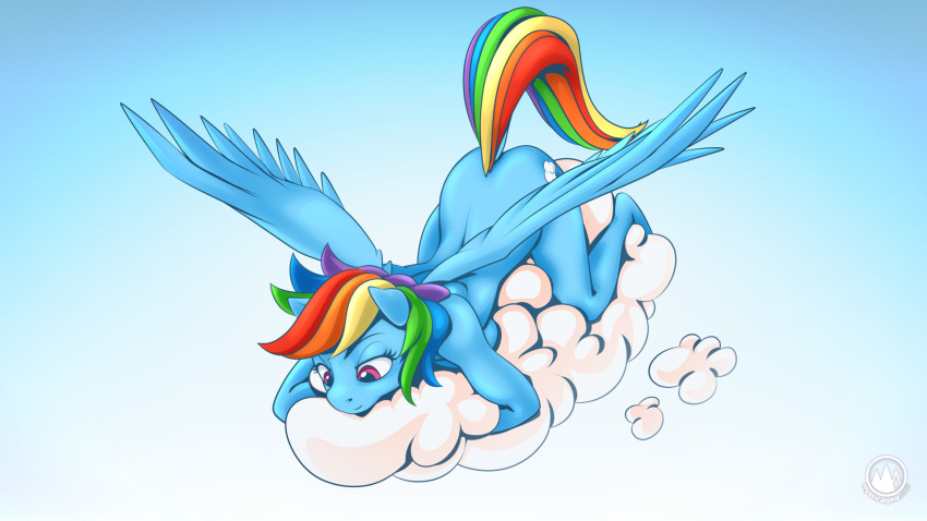 16:9 2022 anthro anthrofied blue_body blue_feathers breast_rest breasts cloud digital_media_(artwork) dock equid equine feathered_wings feathers female friendship_is_magic hair hasbro hi_res looking_down lying mammal multicolored_hair multicolored_tail my_little_pony mysticalpha nude pegasus pink_eyes rainbow_dash_(mlp) rainbow_hair rainbow_tail sky solo spread_wings widescreen wings