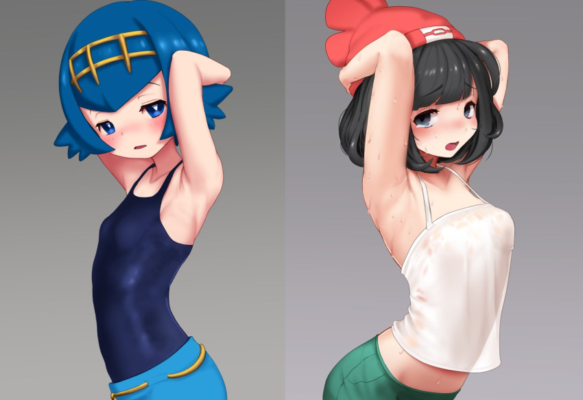 2girls armpits arms_behind_head beanie blue_eyes blue_hair blue_pants blush bright_pupils commentary_request freckles green_shorts gumakara hairband hat lana_(pokemon) looking_at_viewer lower_teeth multiple_girls no_sclera one-piece_swimsuit open_mouth pants pokemon pokemon_(game) pokemon_sm red_headwear selene_(pokemon) shirt short_hair shorts sweat swimsuit swimsuit_under_clothes teeth tongue white_pupils yellow_hairband