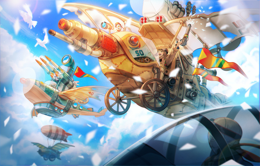 absurdres aircraft airship bird blue_sky cloud cockpit confetti day dirigible english_commentary flag gears gun highres holding holding_gun holding_weapon original outdoors propeller rocket_launcher sky steampunk weapon wheel yomii_ba_chu