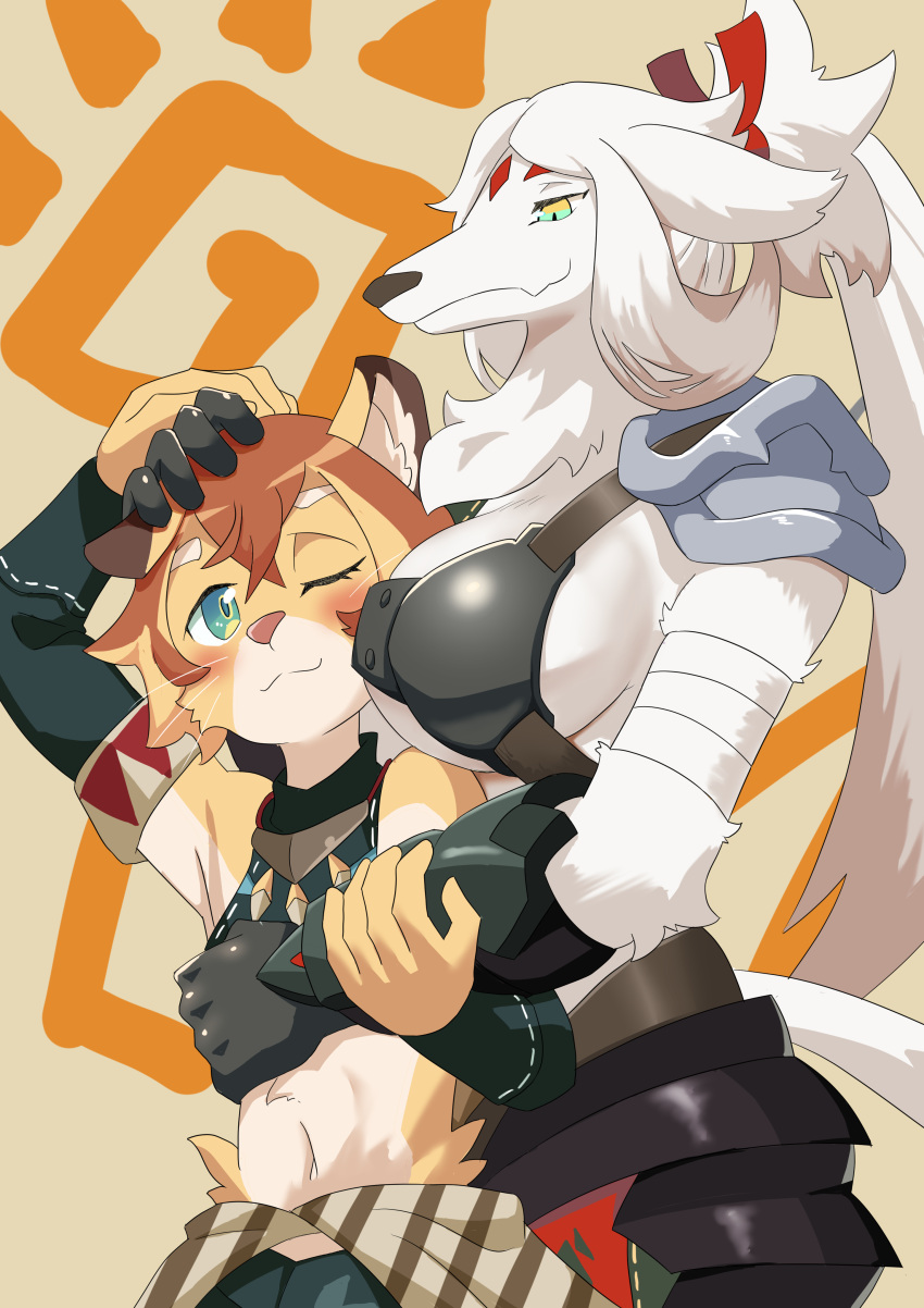 2021 5_fingers absurd_res age_difference anthro armor blush breasts canid canine canis clothed clothing domestic_dog duo embrace felid female fingers fur hair helga_(world_flipper) hi_res hug hugging_from_behind karakusa.p lion looking_down mammal midriff older_female one_eye_closed pantherine teo_(world_flipper) topwear whiskers white_breasts white_ears white_hair world_flipper young