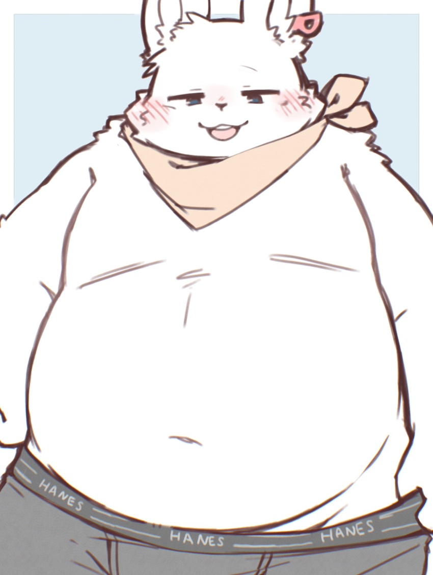 anthro bandanna belly blush clothing ear_piercing ear_ring fupa fur hi_res kawaiimono_yoi kerchief lagomorph leporid male mammal naughty_face navel overweight piercing rabbit ring_piercing solo underwear undressing white_body white_fur