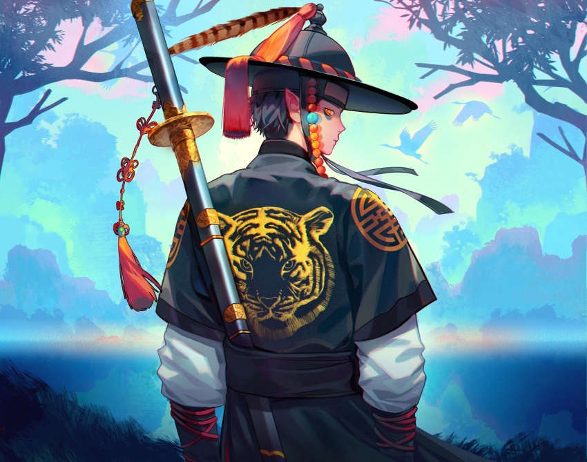 1boy absurdres animal_print bird black_hair chinese_zodiac crane_(animal) day hanbok happy_new_year hat hat_feather highres korean_clothes long_sleeves looking_back orange_eyes original outdoors pointy_ears reflection sheath sheathed tassel tiger_print tree year_of_the_tiger yomii_ba_chu