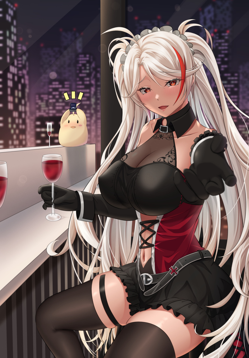 1girl alcohol azur_lane black_dress black_gloves black_thighhighs breasts cityscape clothing_cutout covered_nipples cross cup dress drinking_glass elbow_gloves from_side gloves highres indoors iron_cross jewelry looking_to_the_side maid_headdress manjuu_(azur_lane) meron_(mblalula) multicolored_hair navel_cutout night official_alternate_costume orange_eyes outstretched_arm prinz_eugen_(azur_lane) prinz_eugen_(kindred_evening_spirits)_(azur_lane) red_dress red_hair ring see-through see-through_dress sleeveless sleeveless_dress solo streaked_hair thighhighs two-tone_dress two-tone_hair wedding_ring white_hair wine wine_glass