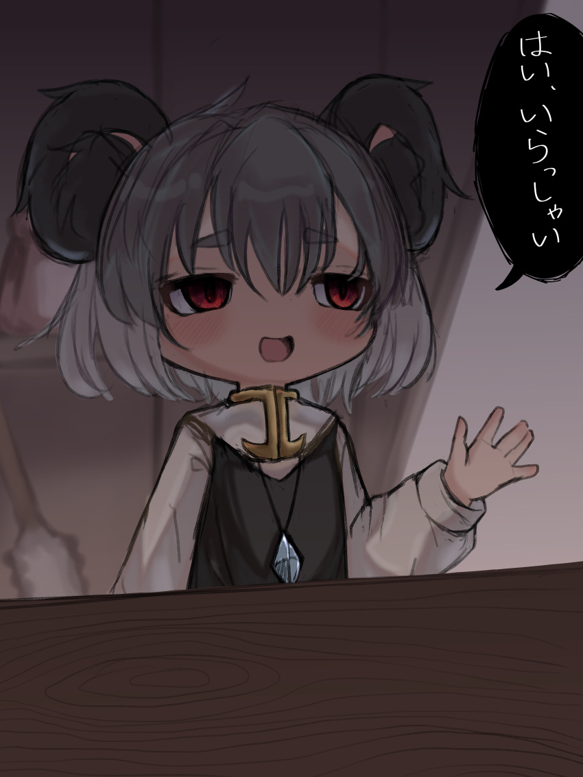 1girl absurdres animal_ear_fluff animal_ears bangs blush capelet commentary_request cookie_(touhou) counter crystal dress flat_chest grey_dress grey_hair hair_between_eyes highres iidabashi indoors jewelry long_sleeves looking_afar mouse_ears mouse_girl nazrin nyon_(cookie) open_mouth pendant red_eyes shirt short_hair smile solo thick_eyebrows touhou translation_request upper_body white_capelet white_shirt