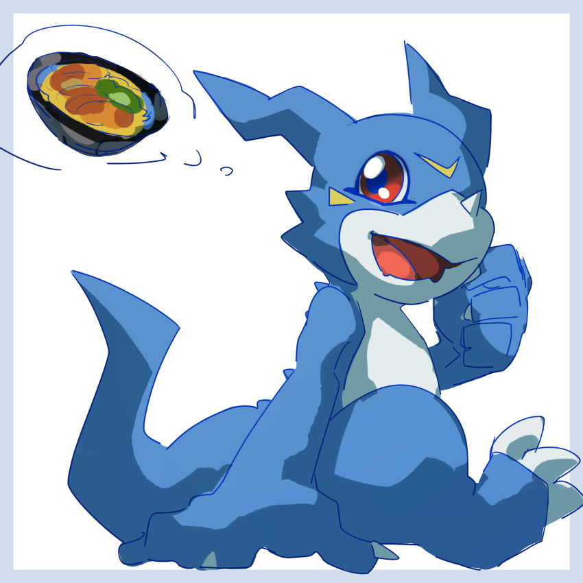 absurd_res anthro bandai_namco blue_body claws digimon digimon_(species) food hi_res horn hungry konokaijuda_(artist) male noodles ramen red_eyes scalie sitting solo soup thought_bubble veemon