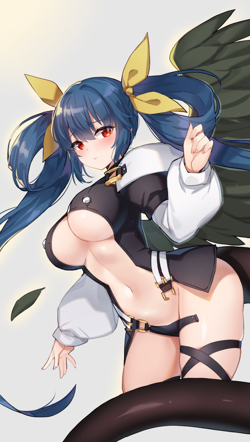 1girl absurdres angel_wings black_panties blue_hair blush breasts center_opening dizzy_(guilty_gear) feathered_wings feathers guilty_gear guilty_gear_x guilty_gear_xx hair_ribbon hair_rings highres large_breasts long_hair long_sleeves looking_at_viewer monster_girl nail_polish navel no_bra open_clothes panties partially_undressed puffy_long_sleeves puffy_sleeves red_eyes revealing_clothes ribbon serin199 side-tie_panties single_wing skindentation solo stomach tail thick_thighs thigh_strap thighs twintails underboob underwear untied untied_panties very_long_hair wardrobe_malfunction wings yellow_ribbon