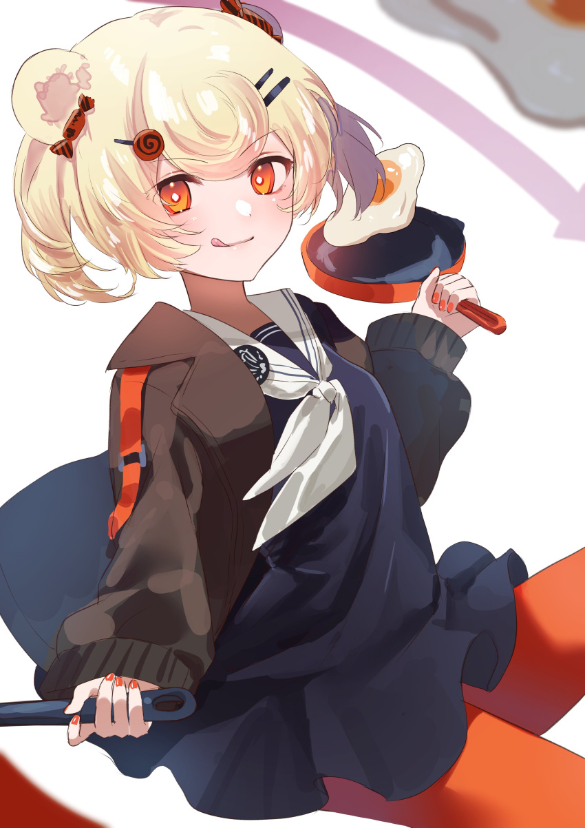 1girl :q absurdres animal_ears arknights bear_ears blonde_hair candy_hair_ornament commentary_request egg_(food) food food-themed_hair_ornament frying_pan gummy_(arknights) hair_ornament hairclip highres holding holding_frying_pan long_sleeves looking_at_viewer nail_polish orange_pantyhose pantyhose red_eyes red_nails reiya_(aisunokappu) school_uniform short_hair smile solo tongue tongue_out