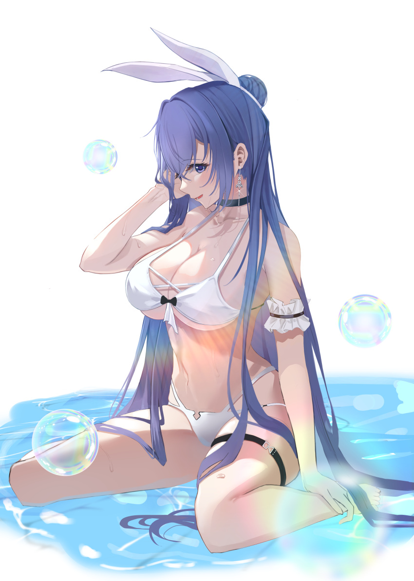 1girl absurdres alternate_costume animal_ears azur_lane bikini black_choker blue_eyes blue_hair blush breasts choker cleavage collarbone fake_animal_ears from_side full_body highres large_breasts long_hair looking_at_viewer looking_to_the_side new_jersey_(azur_lane) partially_submerged rabbit_ears runa_(user_guwn7382) solo swimsuit very_long_hair white_background white_bikini