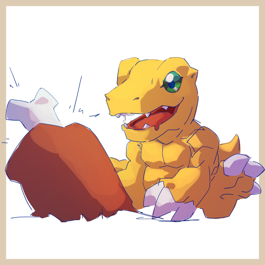 absurd_res agumon anthro bandai_namco bodily_fluids bone claws digimon digimon_(species) drooling food green_eyes hi_res hungry konokaijuda_(artist) male meat meat_on_bone saliva scalie simple_background solo white_background