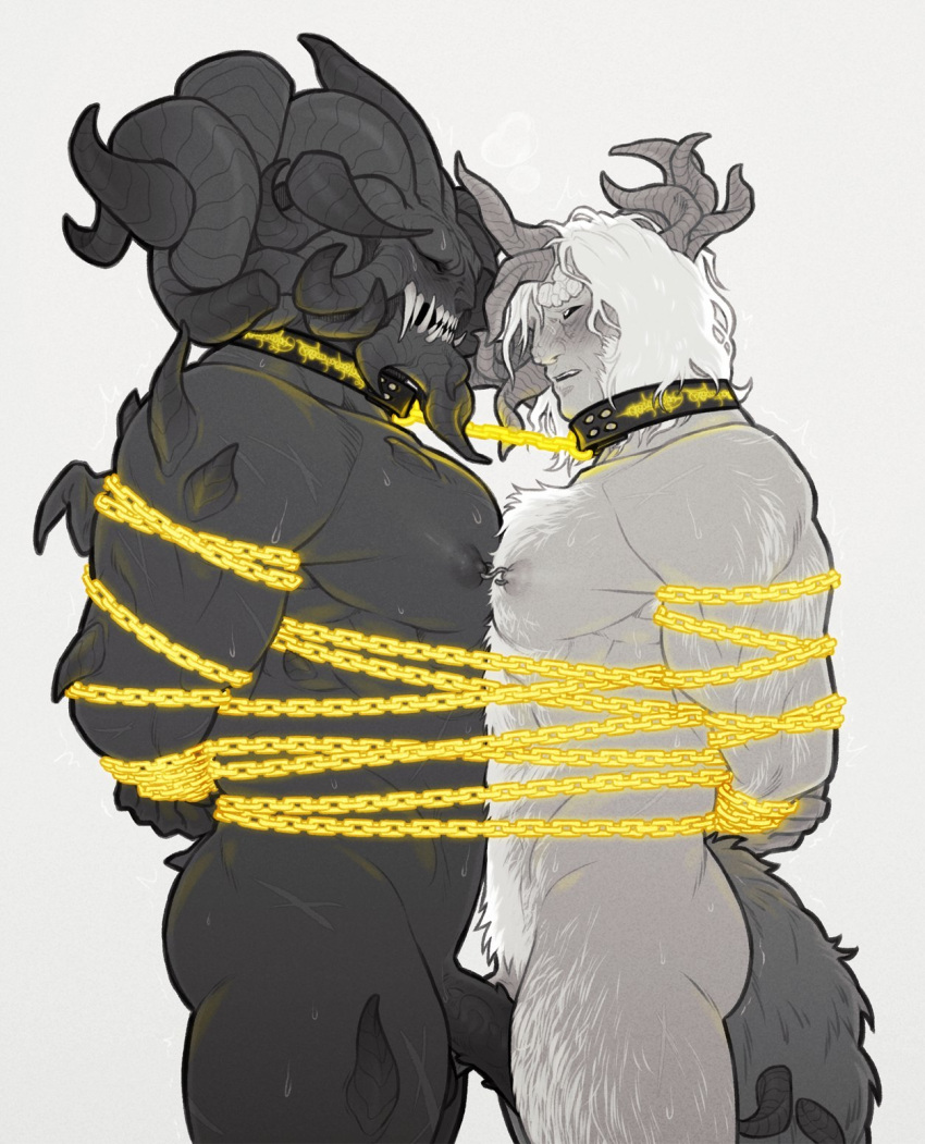 arms_tied bdsm big_tail blush bodily_fluids body_hair bondage bound bound_together brother brothers chain chained chest_hair chest_tuft collar collar_only dark_body dark_skin elden_ring embarrassed eyes_closed fangs fromsoftware fur genitals hair hands_behind_back hi_res horn humanoid incest_(lore) looking_at_another male male/male mohg_lord_of_blood monster monstrous_humanoid morgott_the_omen_king mostly_nude nipple_piercing nipples nude omen_(elden_ring) penile_spines penis pienikuolema piercing questionable_consent restraints sibling simple_background small_tail solo sweat theslowesthnery tuft twins video_games white_body white_fur white_hair