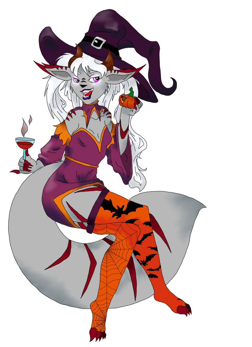 absurd_res alcohol anthro beverage ceelin_nothmeki clothing demonceelin dress female food fruit halloween hat headgear headwear hi_res holidays horn legwear mammal pigtails plant pumpkin rodent sciurid solo stockings succubus wine witch_hat