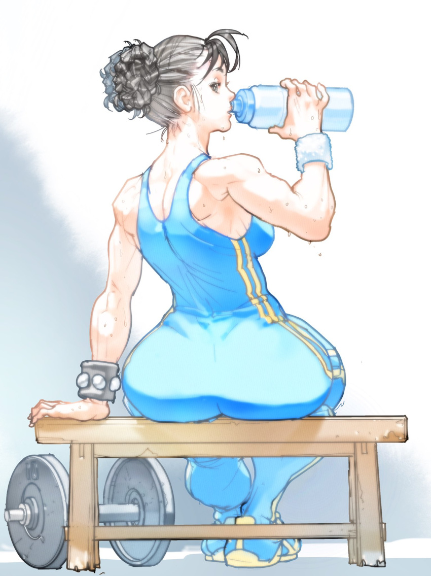 1girl arm_scrunchie barbell bench birokichi00 blue_unitard bottle bracelet brown_hair chun-li double_bun hair_bun highres jewelry looking_back solo spiked_bracelet spikes street_fighter toned unitard water_bottle