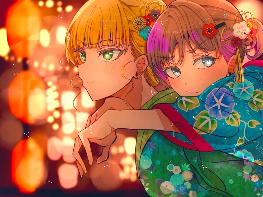 2girls alternate_costume alternate_hairstyle bangs blonde_hair blue_eyes blunt_bangs blurry blurry_background blush breasts carrying depth_of_field earrings festival floral_print flower from_behind hair_flower hair_ornament hairclip heanna_sumire highres hime_cut hug japanese_clothes jewelry kimono lantern light_brown_hair looking_away looking_to_the_side love_live! love_live!_superstar!! medium_breasts multicolored_hair multiple_girls neko_raa_men outdoors print_kimono sparks summer_festival tang_keke tsundere upper_body yellow_eyes yukata yuri