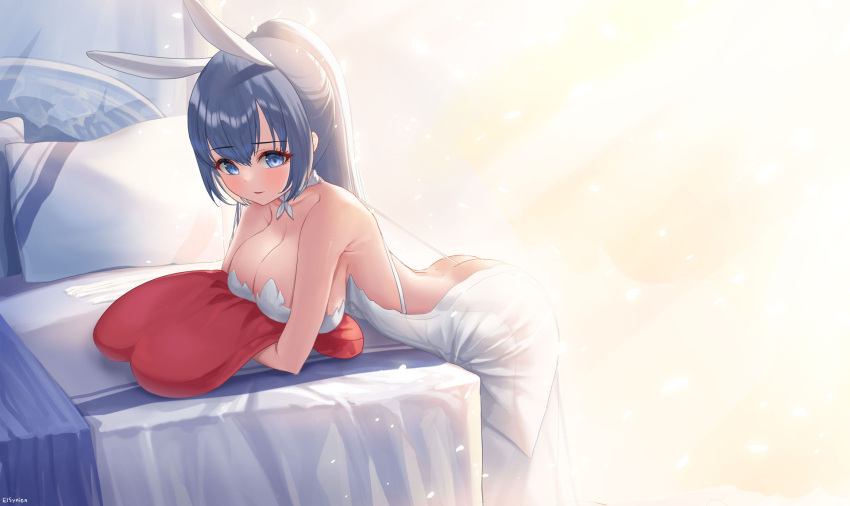 1girl animal_ears ass azur_lane backless_dress backless_outfit bent_over breasts butt_crack cleavage dress elsynien fake_animal_ears from_side highres large_breasts long_hair new_jersey_(azur_lane) new_jersey_(snow-white_ceremony)_(azur_lane) official_alternate_costume ponytail purple_eyes purple_hair rabbit_ears solo wedding_dress white_dress