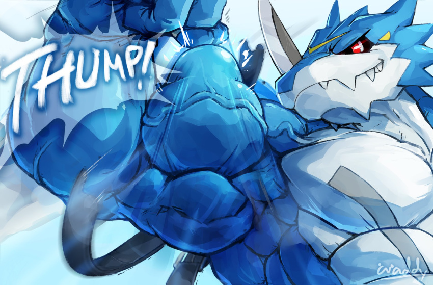 anthro bandai_namco belt biceps big_muscles clothing digimon digimon_(species) exveemon flexing hi_res male muscular muscular_male pecs solo torn_clothing veiny_muscles waddledox