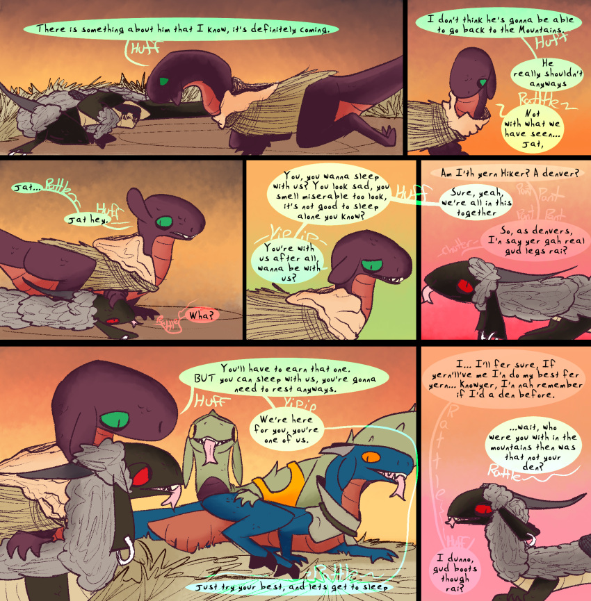 breath comic dinosaur dragon dragonscape drekir dromaeosaurid english_text female feral forl_(thepatchedragon) hi_res hiker_(thepatchedragon) horn jat_(thepatchedragon) male panting post-apocalyptic ralan_(thepatchedragon) reptile scalie sleeping text thepatchedragon theropod tribal tribal_clothing waking_up