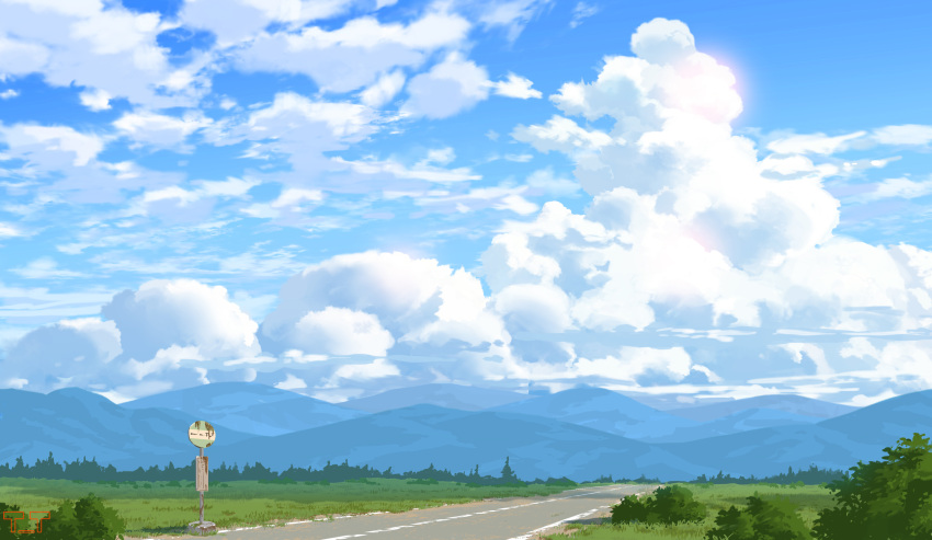 absurdres blue_sky bush cloud cumulonimbus_cloud day grass highres mountain no_humans original road road_sign rural scenery sign sky sumassha_t_t summer sun tree