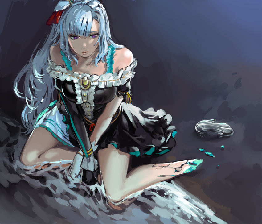 1girl animal_ears asymmetrical_bangs asymmetrical_gloves asymmetrical_sleeves bangs bare_shoulders black_dress black_gloves blue_hair cracked_skin dress glass_slipper gloves highres horse_ears long_hair long_sleeves mejiro_ardan_(umamusume) mismatched_gloves off-shoulder_dress off_shoulder otimusyairoha parted_lips purple_eyes short_sleeves solo umamusume water white_gloves