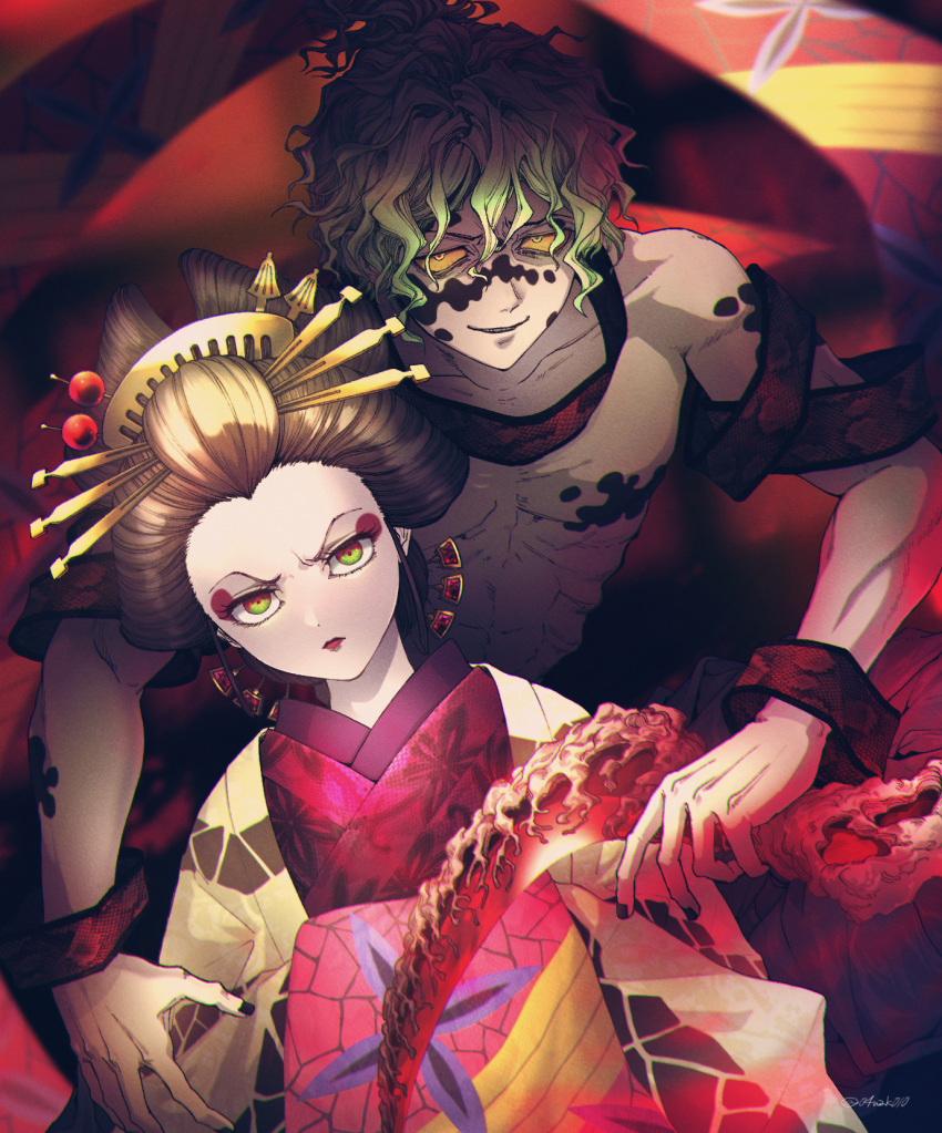 040shao 1boy 1girl black_hair brother_and_sister colored_sclera comb daki_(kimetsu_no_yaiba) demon demon_boy demon_girl floral_print gradient_hair green_eyes green_hair gyuutarou_(kimetsu_no_yaiba) hair_ornament hair_stick highres holding_sickle japanese_clothes kimetsu_no_yaiba kimono looking_at_viewer makeup multicolored_eyes multicolored_hair oiran ponytail red_eyes sash short_hair siblings sickle topless_male