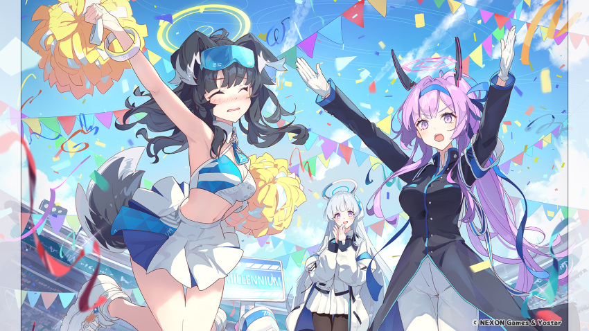3girls animal_ears bangs black_hair blue_archive blue_sky breasts cheerleader cleavage closed_eyes cloud confetti crop_top day dog_ears dog_girl dog_tail gloves goggles goggles_on_head grey_hair halo headgear hibiki_(blue_archive) hibiki_(cheerleader)_(blue_archive) highres holding holding_pom_poms kodamazon large_breasts logo long_hair long_sleeves medium_breasts midriff multiple_girls noa_(blue_archive) official_art open_mouth outdoors pleated_skirt pom_pom_(cheerleading) pom_pom_(clothes) ponytail purple_eyes purple_hair skirt sky stadium tail utaha_(blue_archive) very_long_hair white_gloves white_skirt