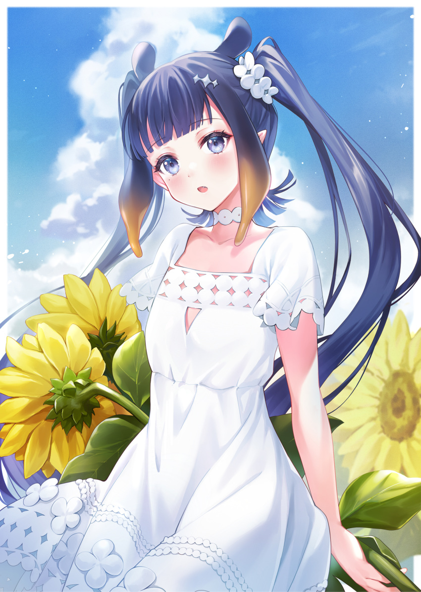 1girl animal_ears black_hair blue_eyes blue_sky brown_hair cloud commentary_request day dress fang flower gradient_hair highres hololive hololive_english long_hair looking_at_viewer multicolored_hair ninomae_ina'nis parted_lips shiao short_sleeves sky solo sunflower twintails very_long_hair virtual_youtuber white_dress yellow_flower