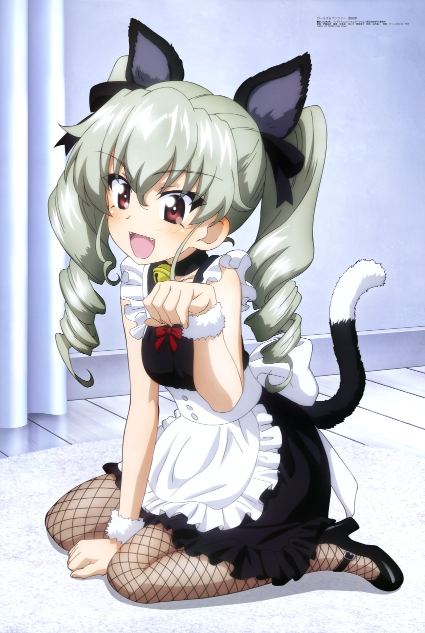 1girl :d absurdres anchovy_(girls_und_panzer) animal_ears apron arm_between_legs bangs black_dress black_footwear brown_eyes cat_ears cat_tail curtains dress drill_hair fake_animal_ears fangs fishnets girls_und_panzer green_hair hair_between_eyes hair_ribbon high_heels highres itou_takeshi long_hair looking_at_viewer maid maid_apron megami_magazine on_floor open_mouth pantyhose paw_pose ribbon rug sleeveless sleeveless_dress smile solo tail twin_drills twintails wooden_floor