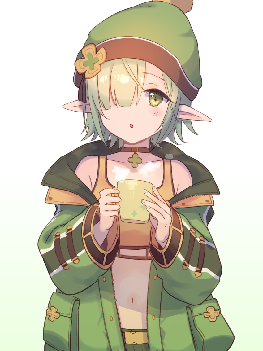 1girl :o aoi_(princess_connect!) bangs bare_shoulders beanie black_choker blush choker collarbone crop_top cup elf gradient gradient_background green_background green_eyes green_hair green_headwear green_jacket gucchiann hair_over_one_eye hat highres holding holding_cup jacket long_sleeves mug navel off_shoulder open_clothes open_jacket parted_lips pointy_ears princess_connect! puffy_long_sleeves puffy_sleeves solo steam white_background