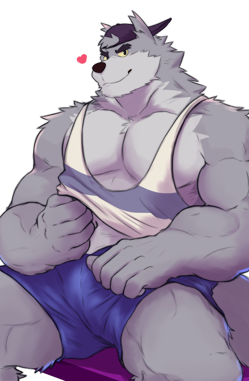 &lt;3 absurd_res anthro baseball_cap biceps canid canine canis clothing fur grey_body grey_fur hat headgear headwear hi_res looking_at_viewer male mammal moshihun muscular muscular_anthro muscular_male pecs shirt simple_background smile solo tank_top topwear white_background wolf wolf_(we_baby_bears)